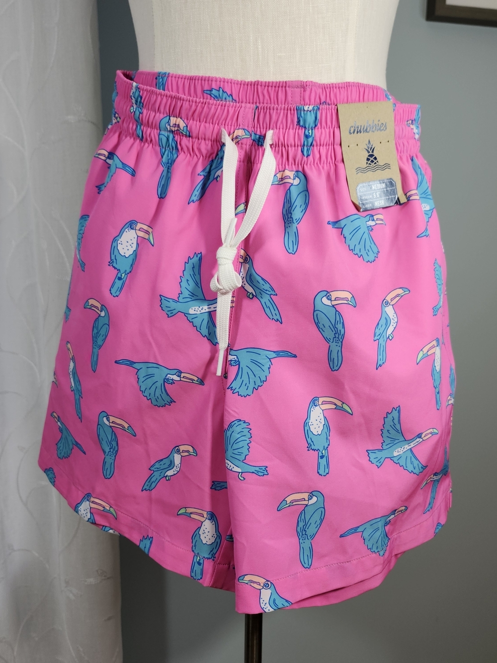 chubbies Pink Swim Trunks with Blue Toucan Print